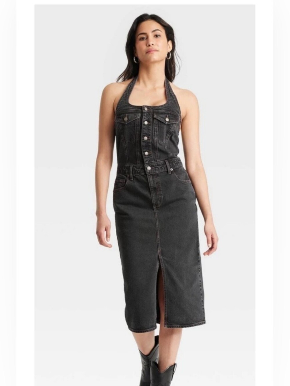 NWT Universal Thread 14 Black Denim Halter Midi Dress 3979-j